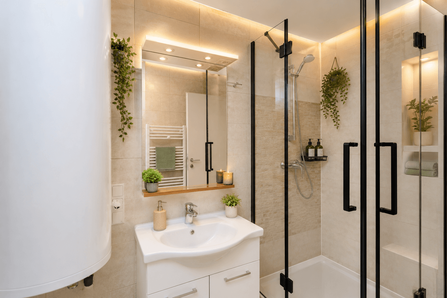 Modernes Badezimmer mit Duschkabine, Waschbecken und beleuchtetem Spiegelschrank.