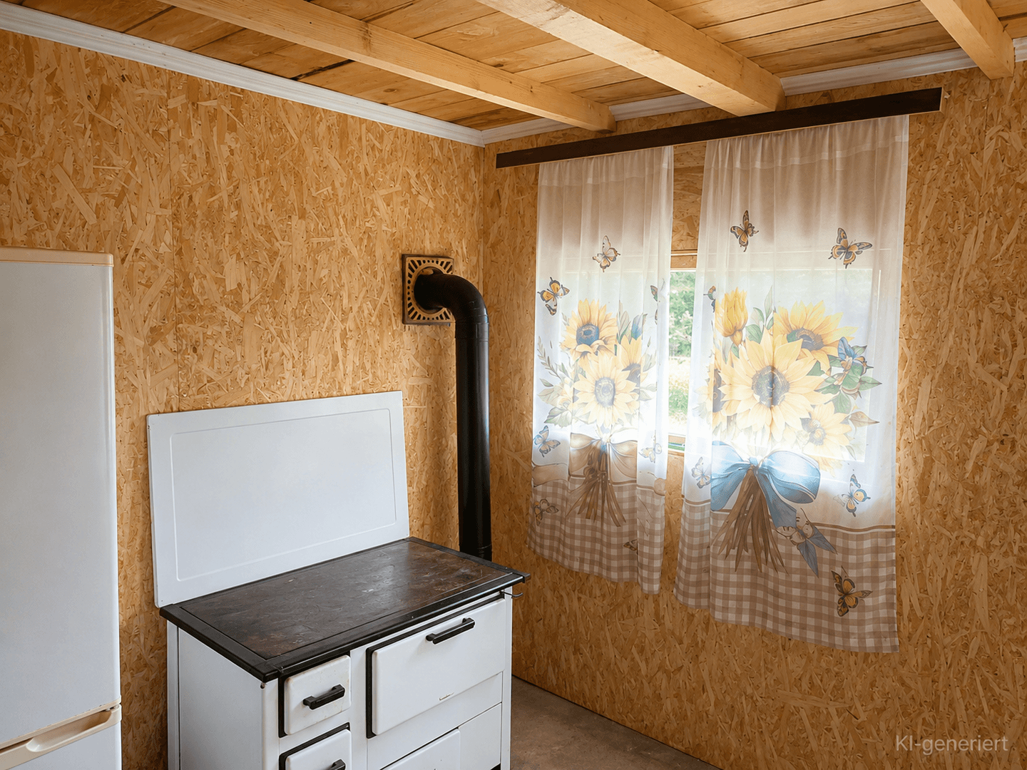 Gemütlicher Innenraum mit OSB-Platten, einem weißen Holzofen und einem Fenster mit bunten Sonnenblumenvorhängen.