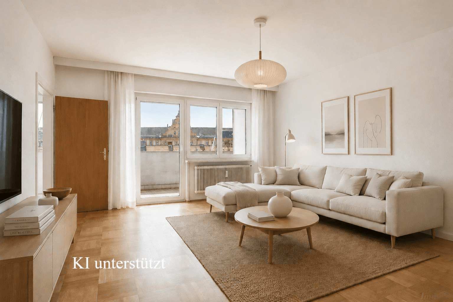 Helles Wohnzimmer mit modernem Interieur, Parkettboden und Zugang zum Balkon mit Stadtblick.