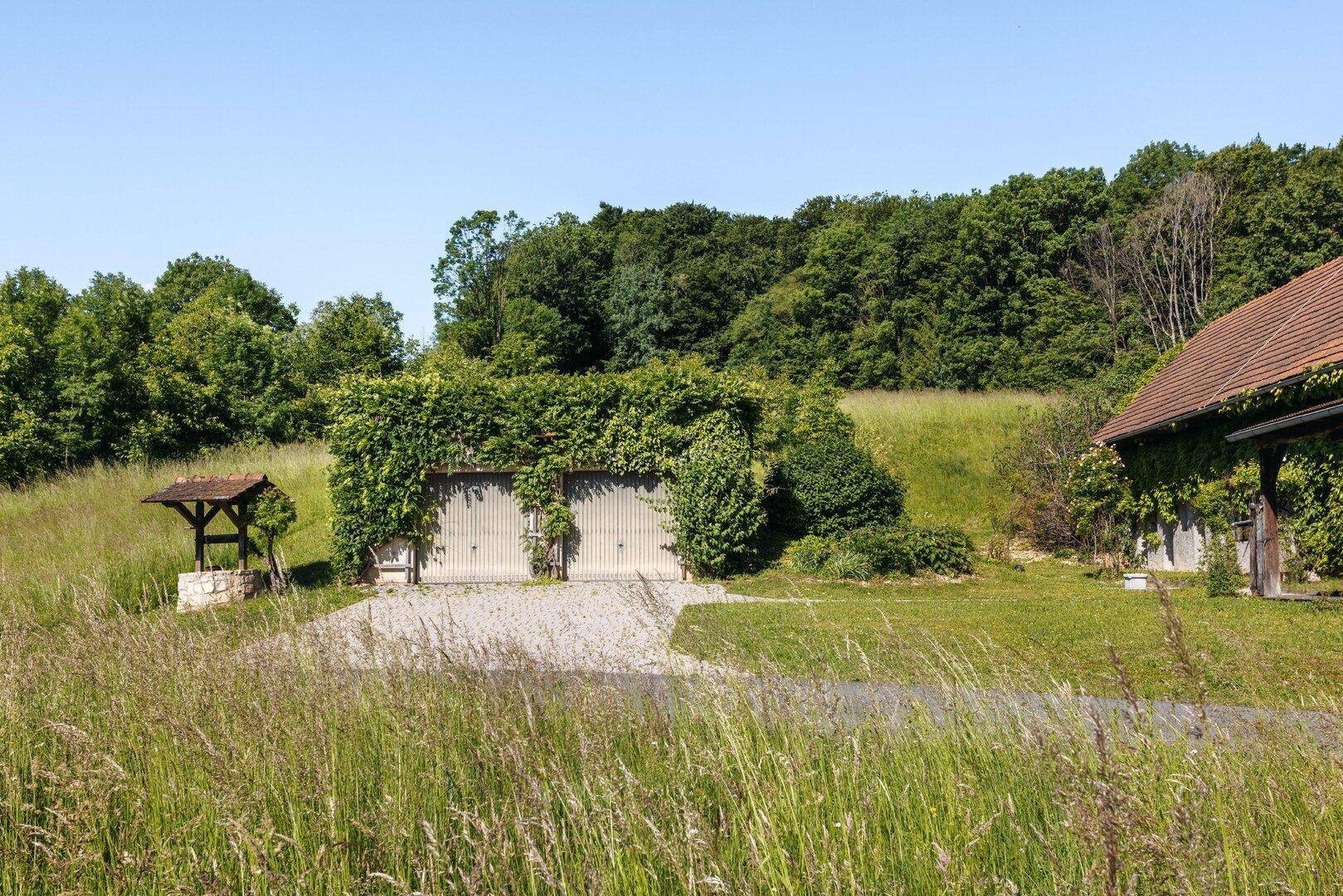 Zwei von Grün bewachsene Garagentore und ein kleiner Holzbrunnen auf dem weitläufigen Grundstück.
