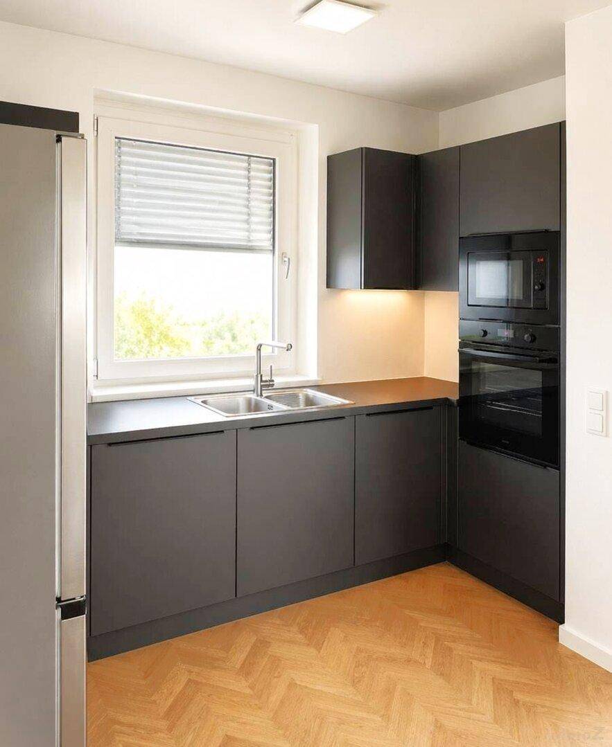 Moderne Küche mit dunklen Schränken, integrierten Geräten und Fenster.