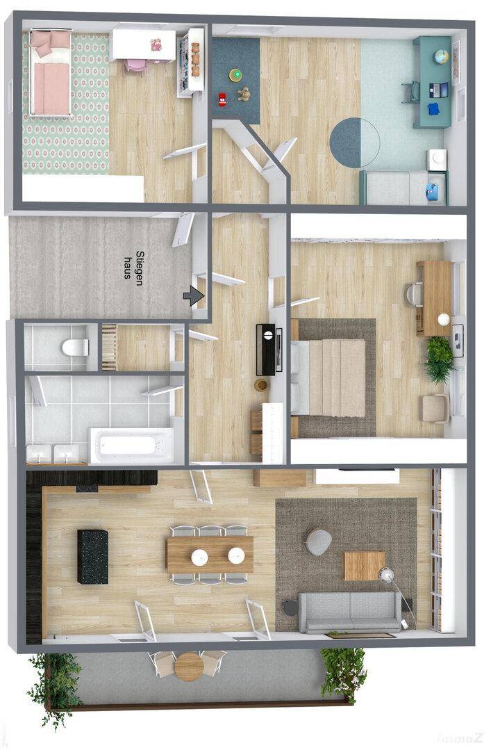 Grundriss einer modernen Wohnung mit offenem Wohnbereich, Balkon und mehreren Zimmern.