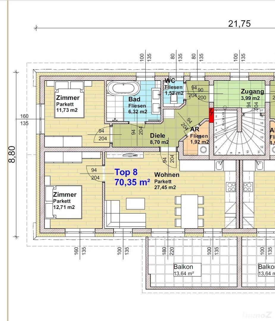 Detaillierter Grundriss einer Wohnung mit zwei Schlafzimmern, Bad, WC und Balkon.