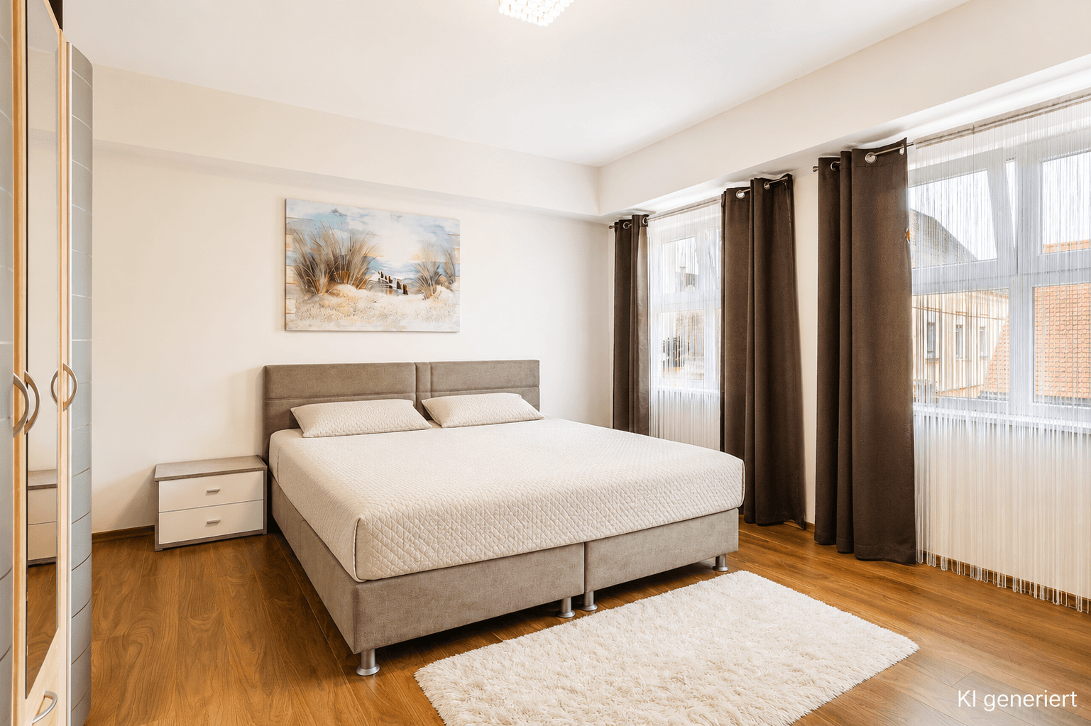 Helles Schlafzimmer mit Doppelbett, Nachttischen und großem Kleiderschrank, ausgestattet mit Laminatboden.