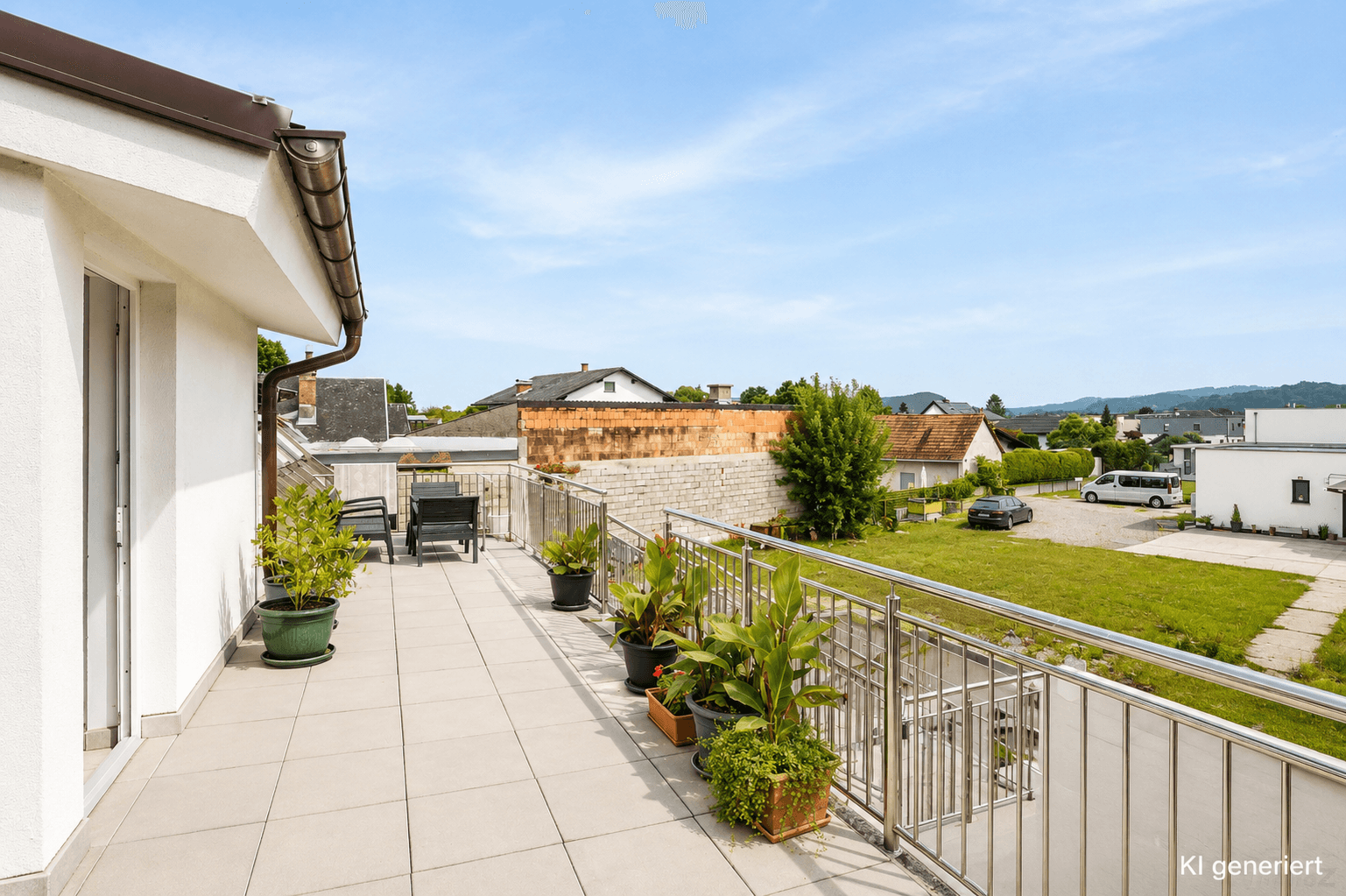 Geräumige Dachterrasse mit Fliesenboden, Metallgeländer und Blick auf die umliegende Landschaft.