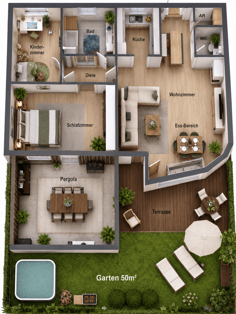 Detaillierter 3D-Grundriss einer modernen Wohnung mit mehreren Zimmern, Terrasse und Gartenbereich.
