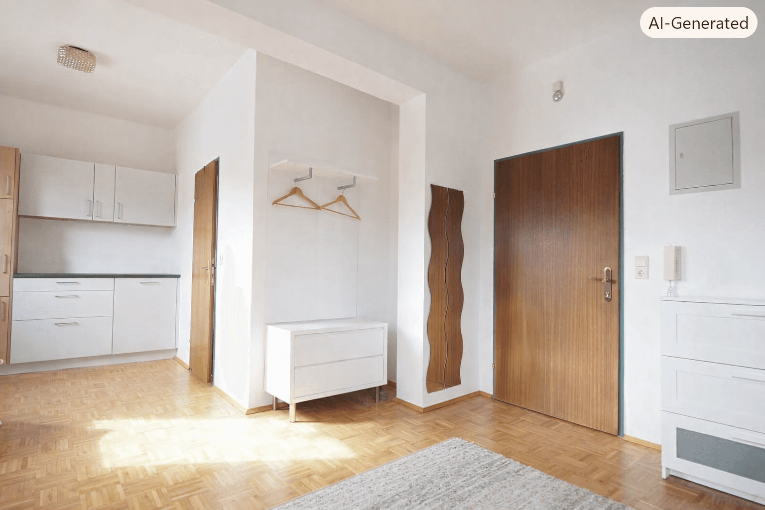 Heller Eingangsbereich mit integrierter Küchenzeile, Parkettboden, Garderobe und modernem Wellenspiegel.
