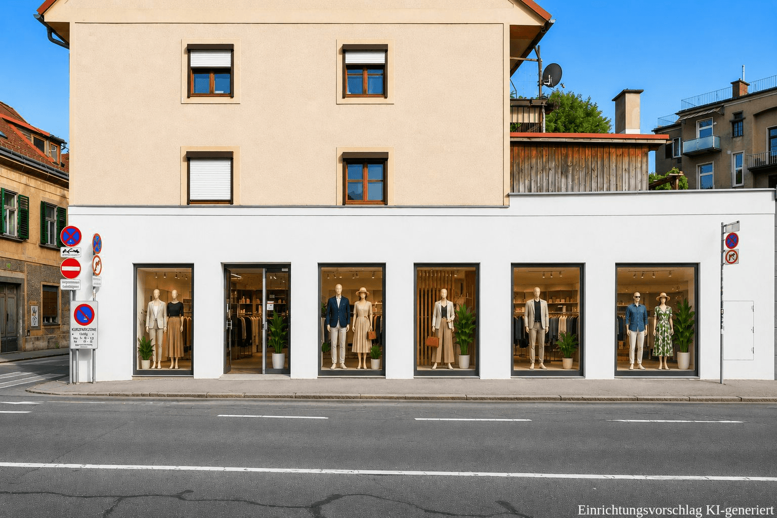 Fassade eines Gebäudes mit moderner Ladenfront im Erdgeschoss und Wohnungen darüber an einer Straße.