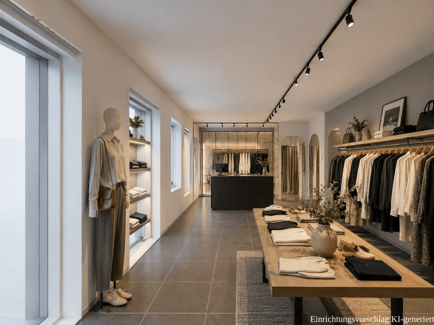 Moderner Ladenbereich mit Kleiderständern, Schaufensterpuppen und stilvoller Beleuchtung für eine Boutique.
