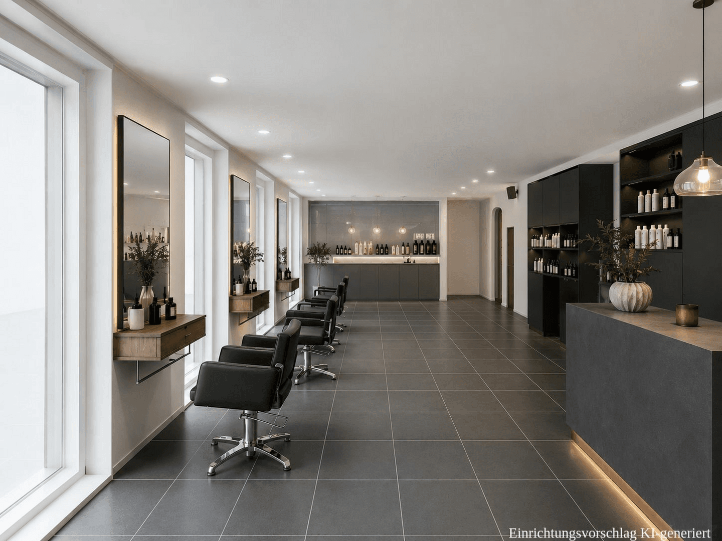 Geräumiger Friseursalon mit mehreren Styling-Stationen, großen Spiegeln und Produktregalen in modernem Design.