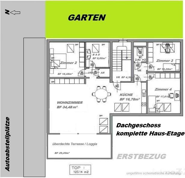 Grundriss des Dachgeschosses mit Wohnzimmer, Küche, drei Schlafzimmern, Bad, WC und überdachter Terrasse.