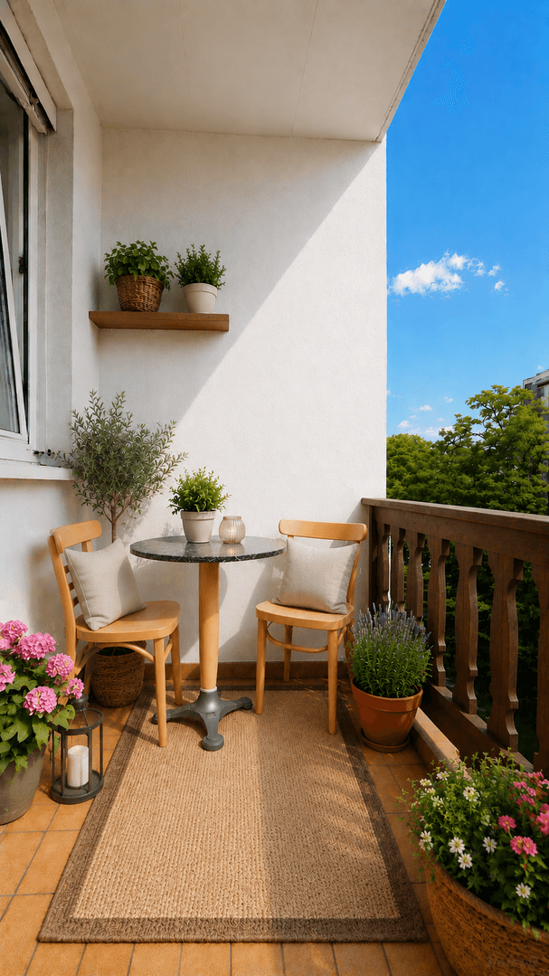 Gemütlicher Balkon mit Holzboden, Sitzgelegenheiten und Pflanzen unter blauem Himmel.