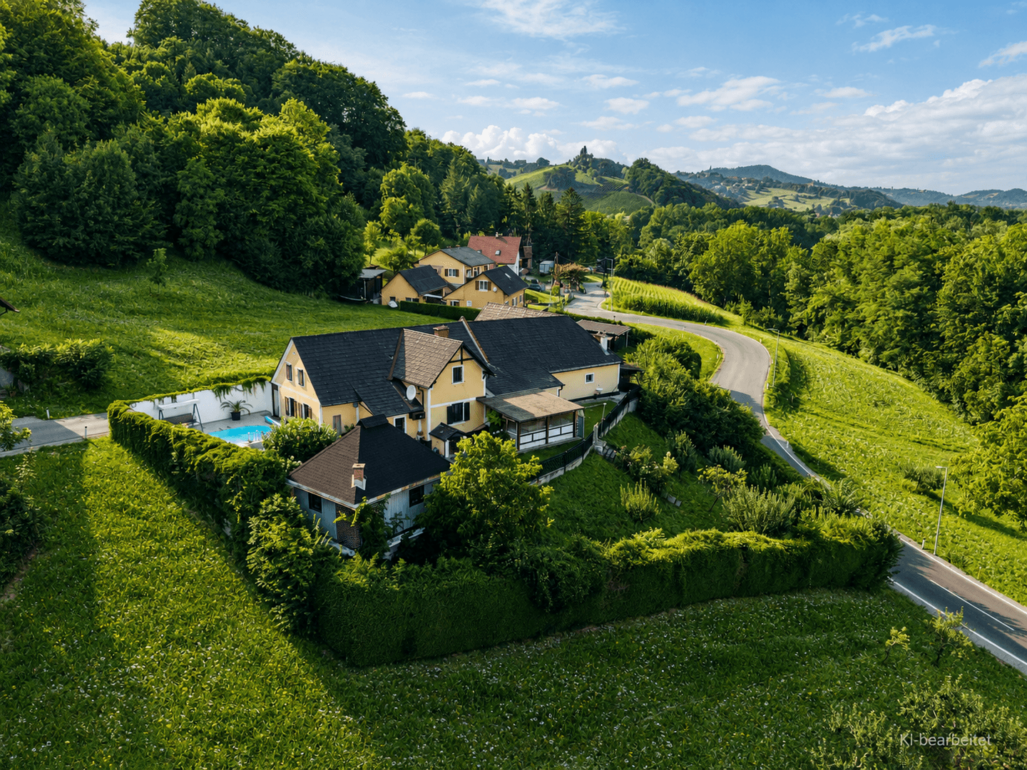 Weitläufige Luftaufnahme des Anwesens eingebettet in eine hügelige, grüne Landschaft mit Fernblick.