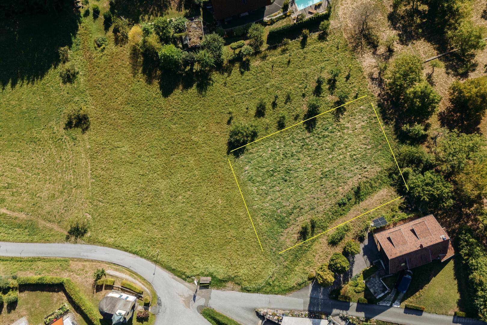 Nahaufnahme eines grünen Baugrundstücks von oben, mit angrenzender Straße und umliegender Vegetation.