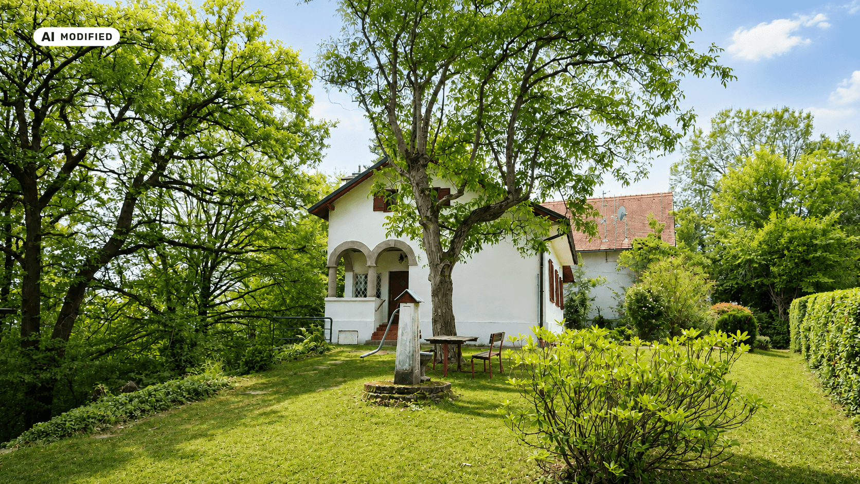 Idyllisches Landhaus mit großem Garten, altem Baumbestand und einer kleinen Veranda.