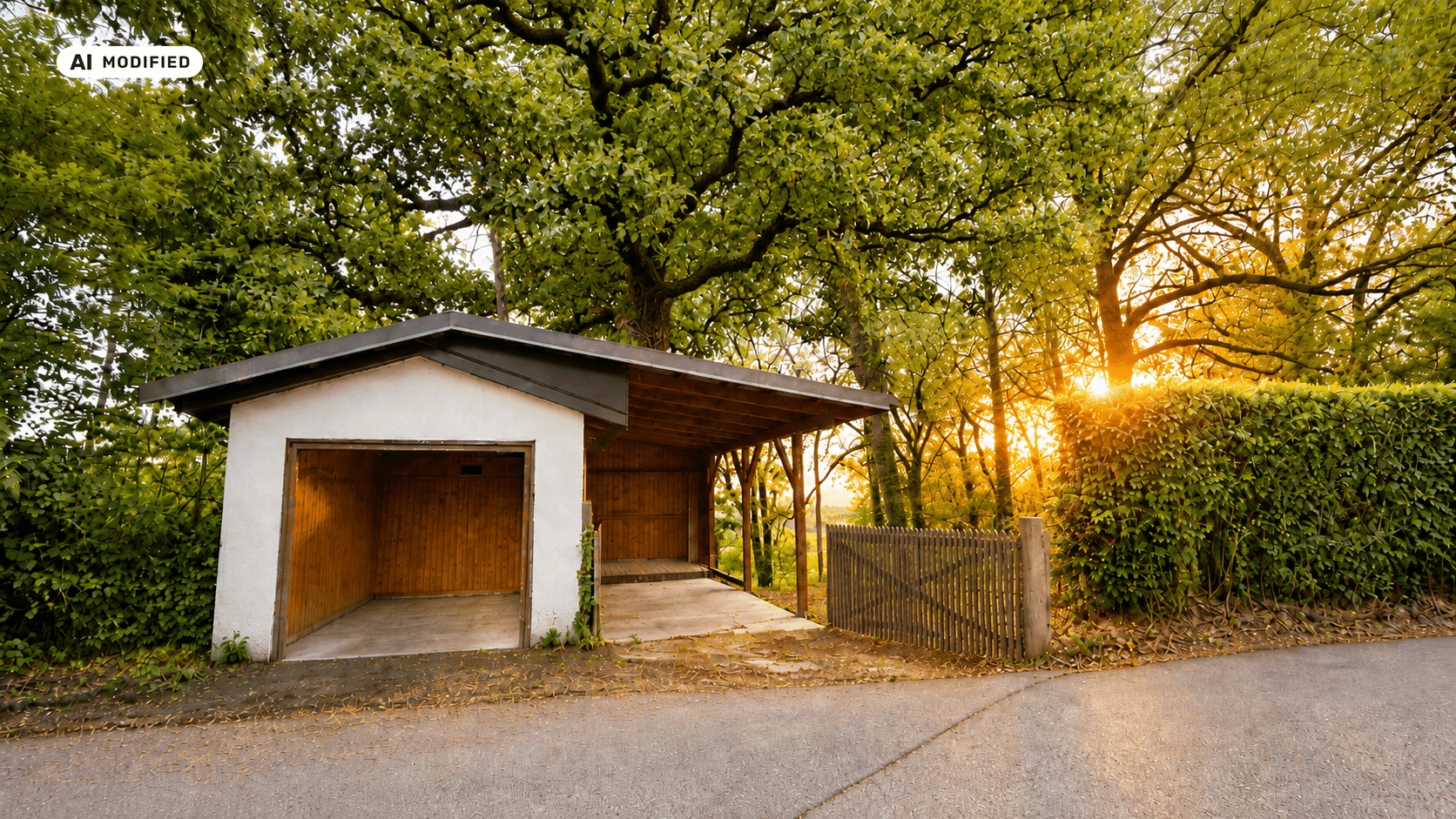 Doppelgarage und Carport mit Holzelementen bei Sonnenuntergang, umgeben von Bäumen.