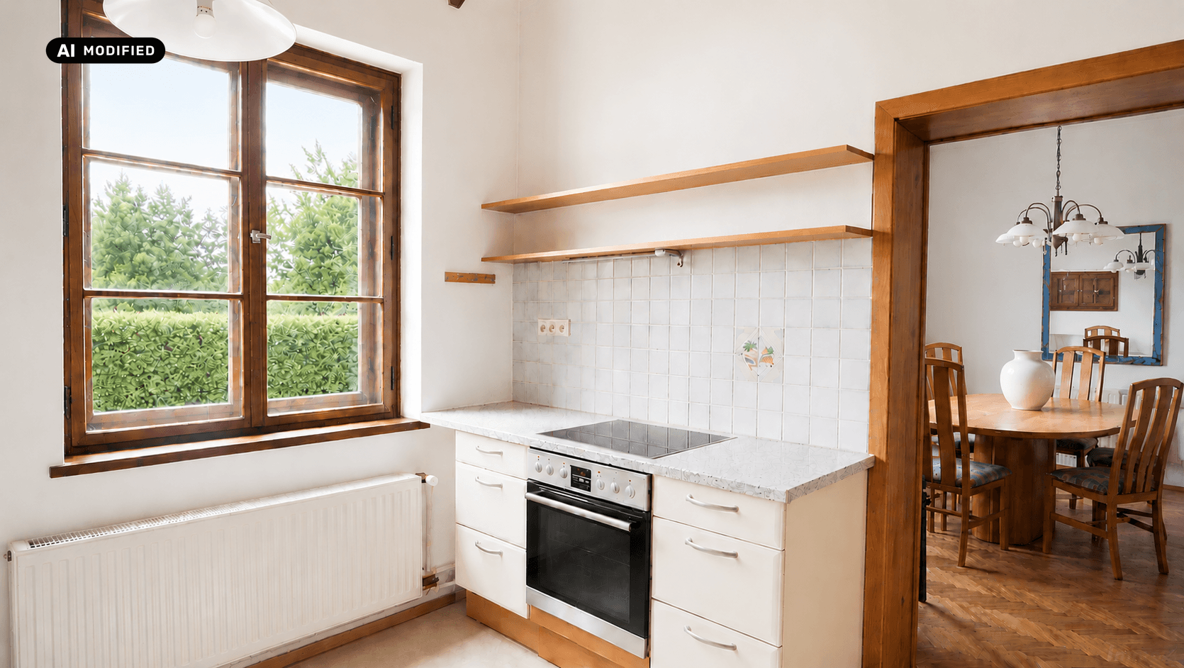 Kleine Küche mit Einbaugeräten, Fliesenrückwand und Blick ins Grüne durch das Fenster.