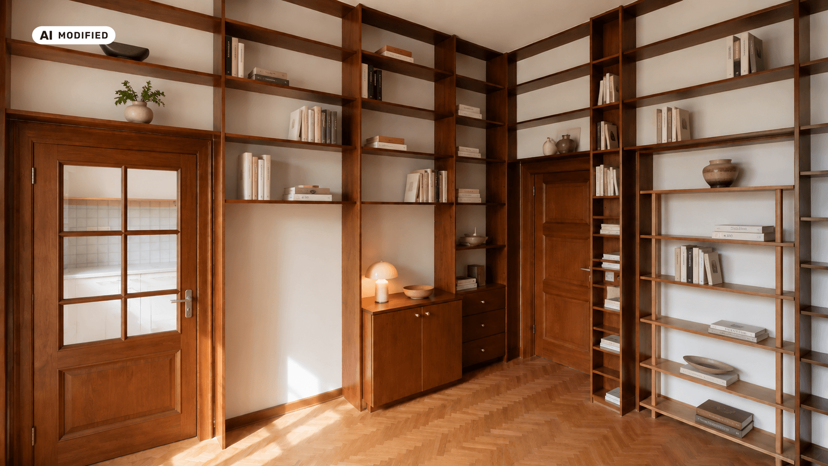 Gemütlicher Wohnraum mit raumhohen Bücherregalen aus Holz und Fischgrätparkettboden.