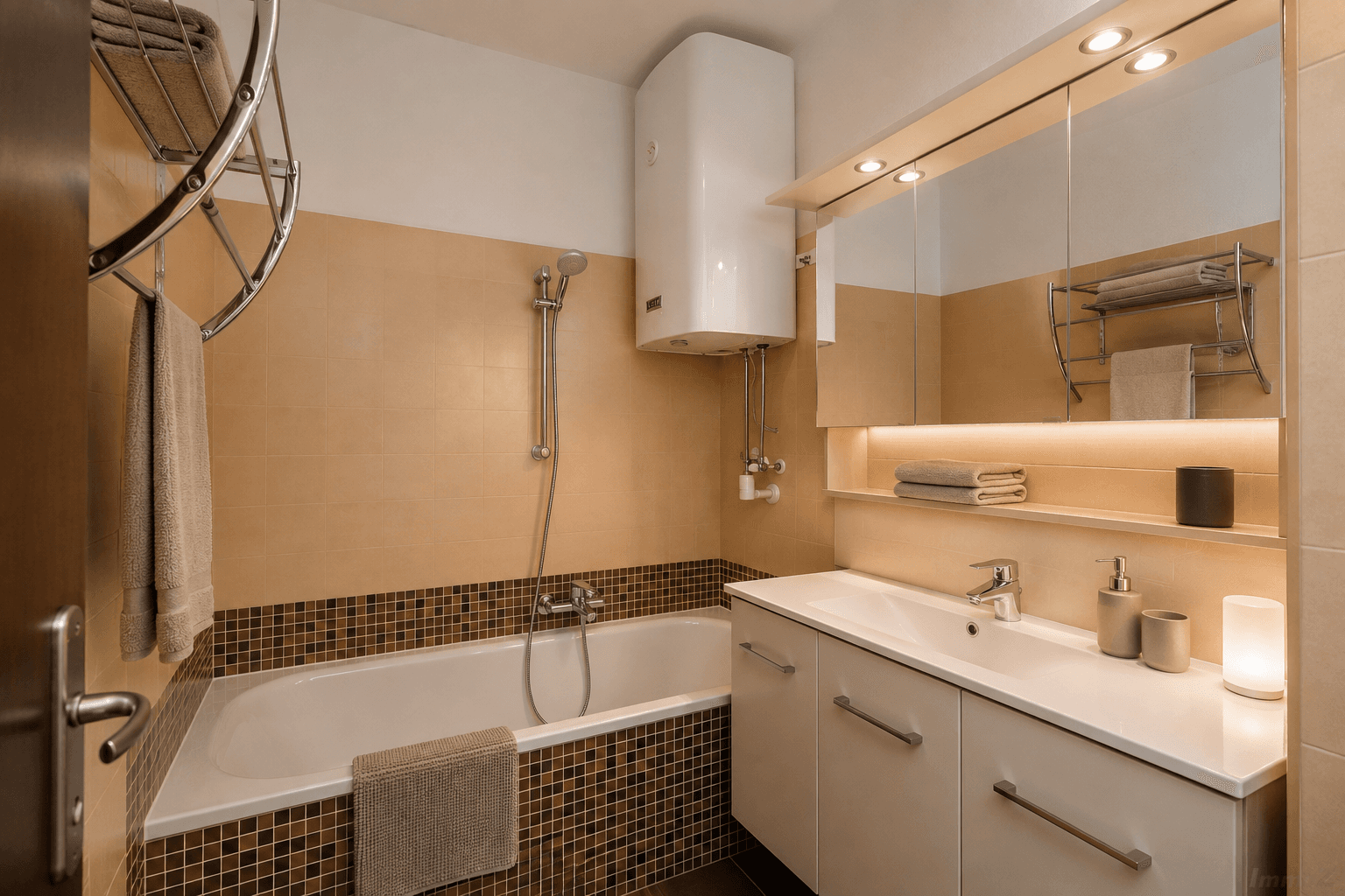 Modernes Badezimmer mit Badewanne, Waschtisch und Spiegelschrank in warmen Farbtönen.