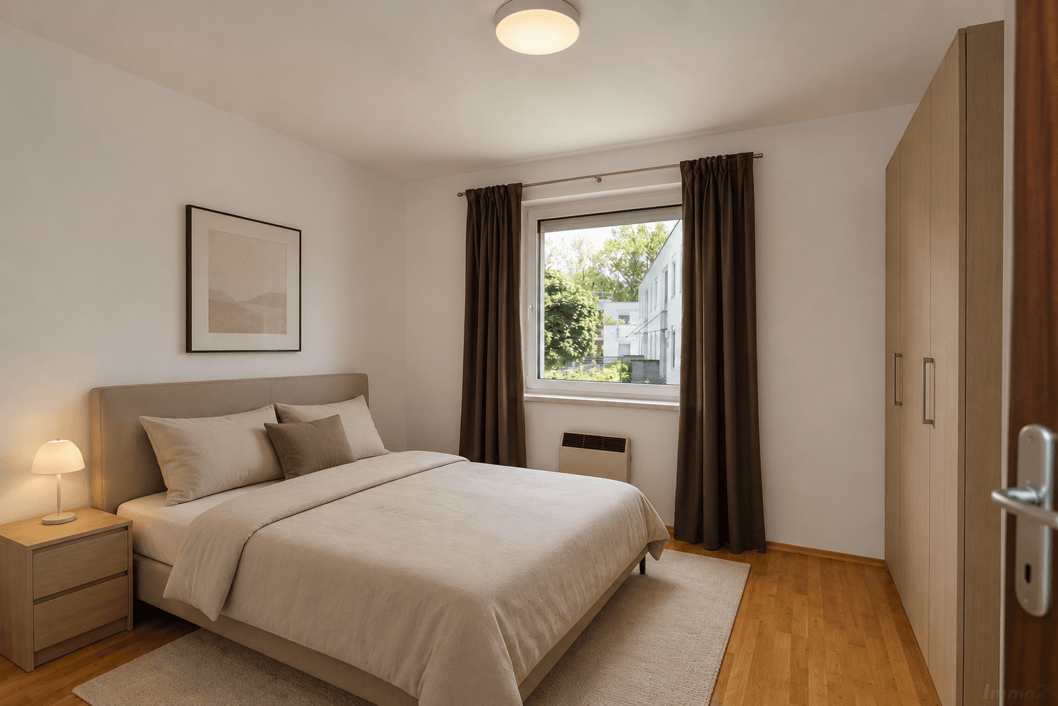 Gemütliches Schlafzimmer mit Holzboden, großem Bett und Blick ins Grüne.