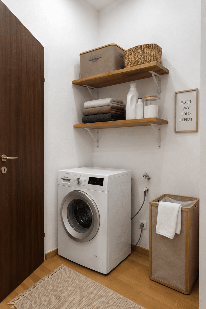 Praktischer Hauswirtschaftsraum mit Waschmaschine, offenen Regalen und Holzboden.