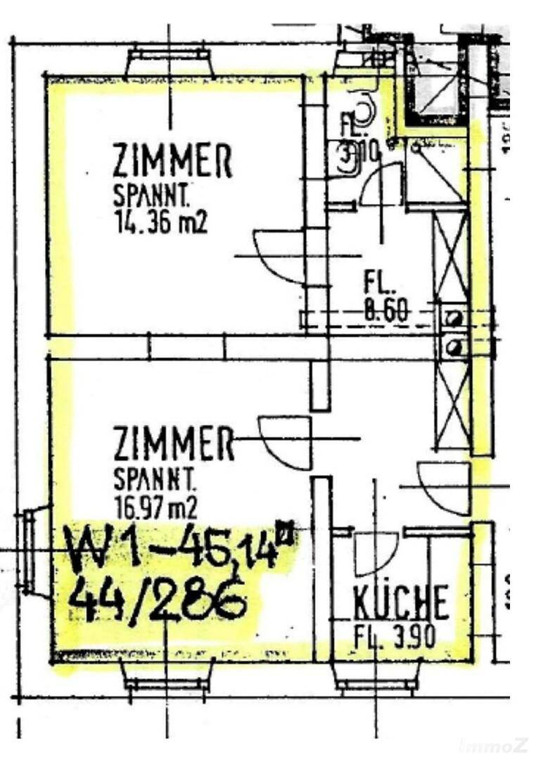 Grundrissplan mit Zimmern, Flächenangaben und der Aufteilung der Wohnung.
