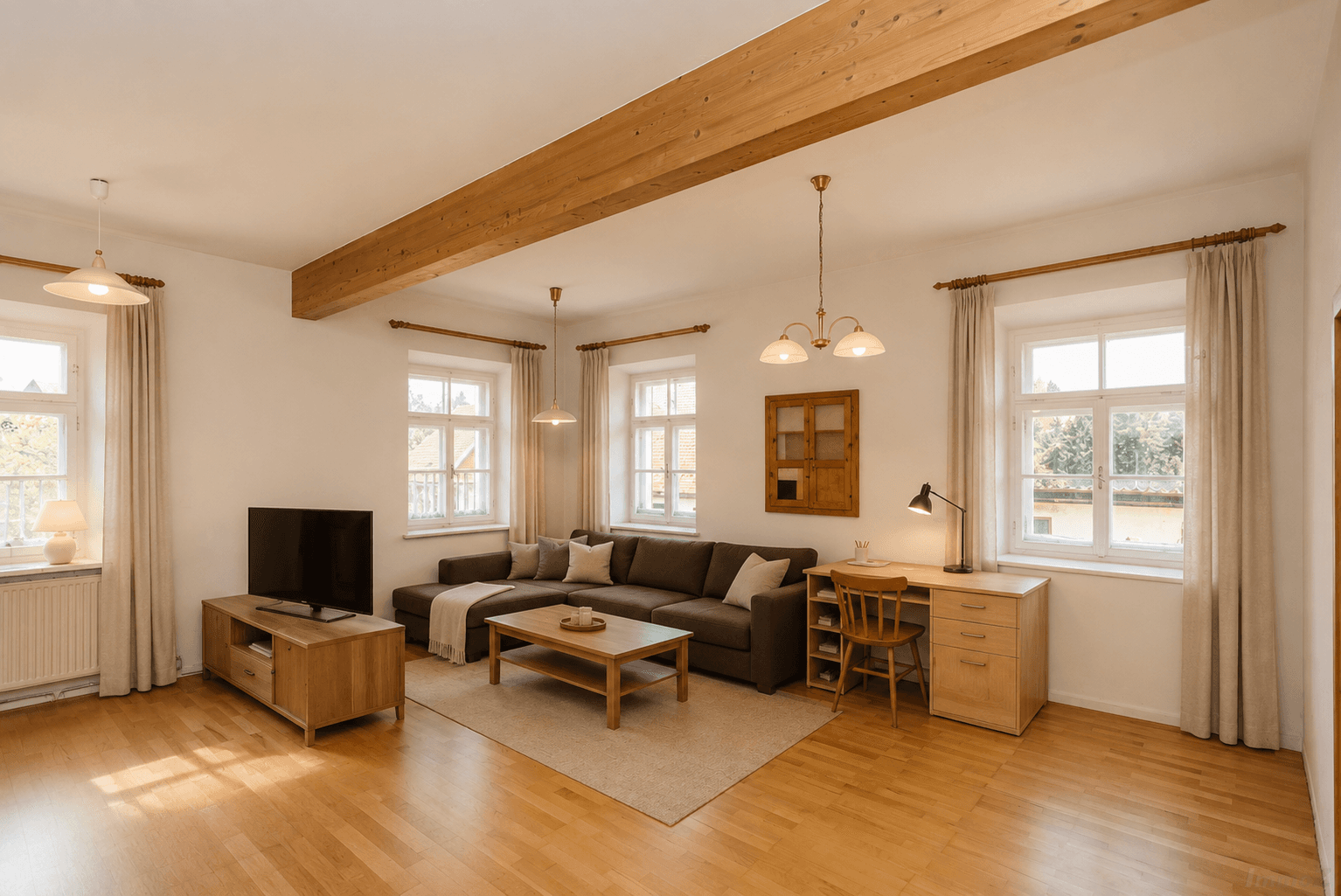 Helles Wohnzimmer mit Holzboden, bequemer Couch, Schreibtisch und sichtbaren Deckenbalken.