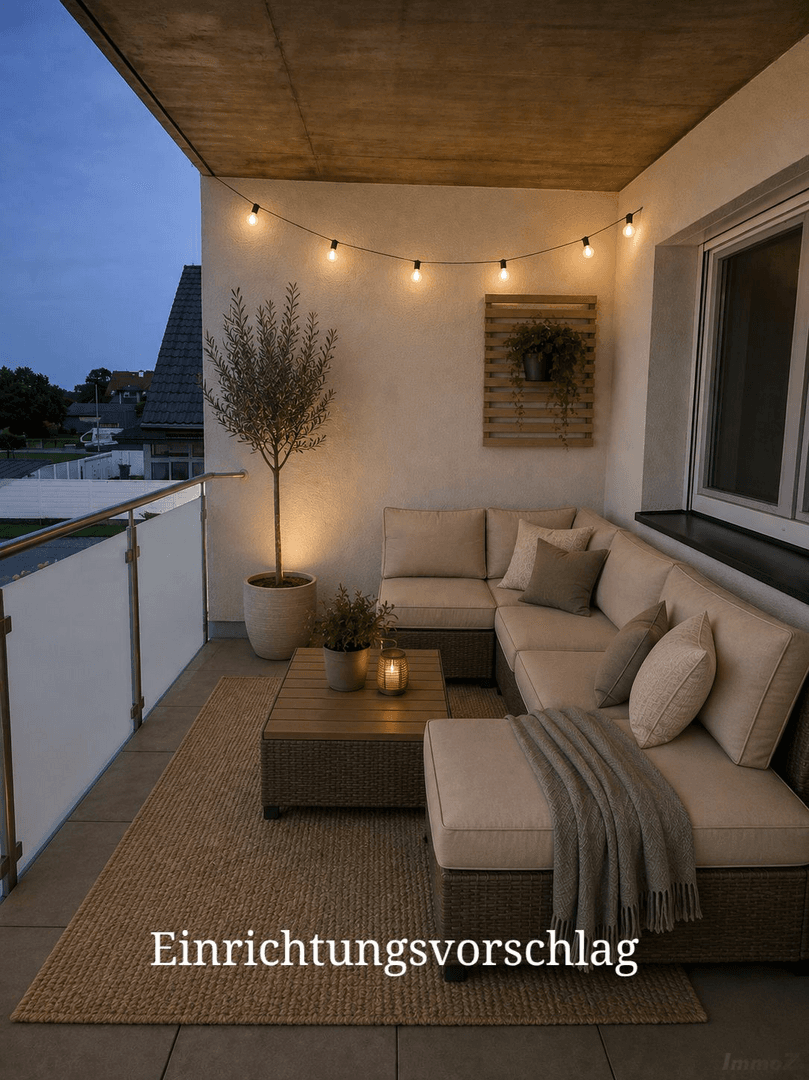Gemütlicher Balkon mit bequemen Outdoor-Möbeln und stimmungsvoller Lichterkette für entspannte Abende im Freien.