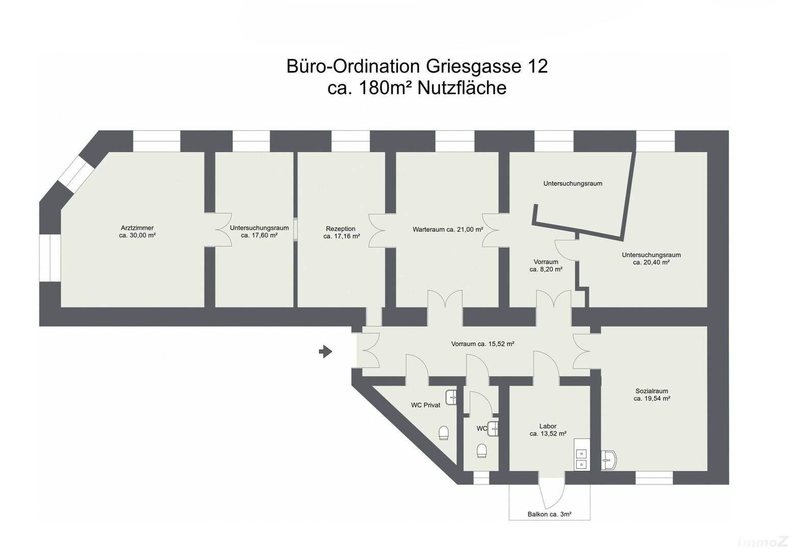 Grundriss einer Büro-Ordination mit ca. 180m² Nutzfläche, inklusive Wartebereich und mehreren Untersuchungsräumen.