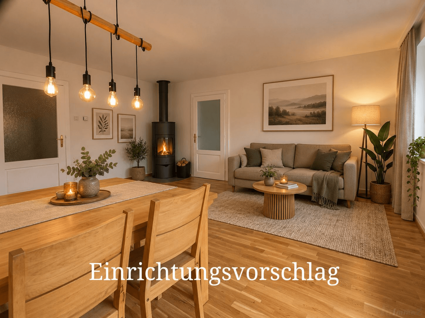 Gemütlicher Wohn-Essbereich mit Holzboden, Kaminofen und moderner Einrichtung, ideal für entspannte Abende.
