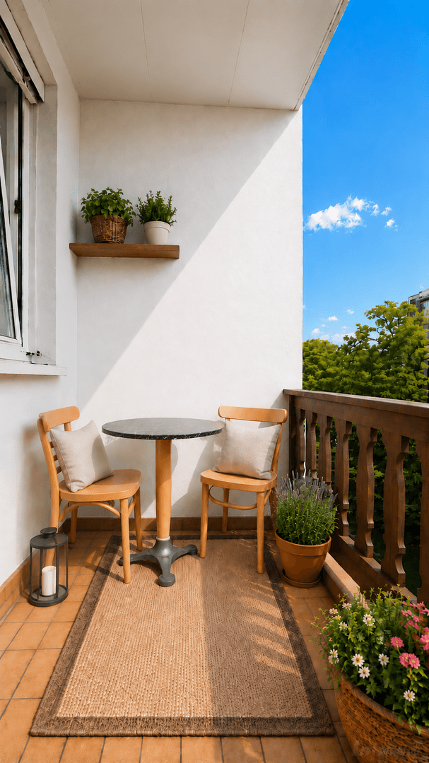 Gemütlicher Balkon mit Terrakottafliesen, Sitzgelegenheiten und Blick ins Grüne.