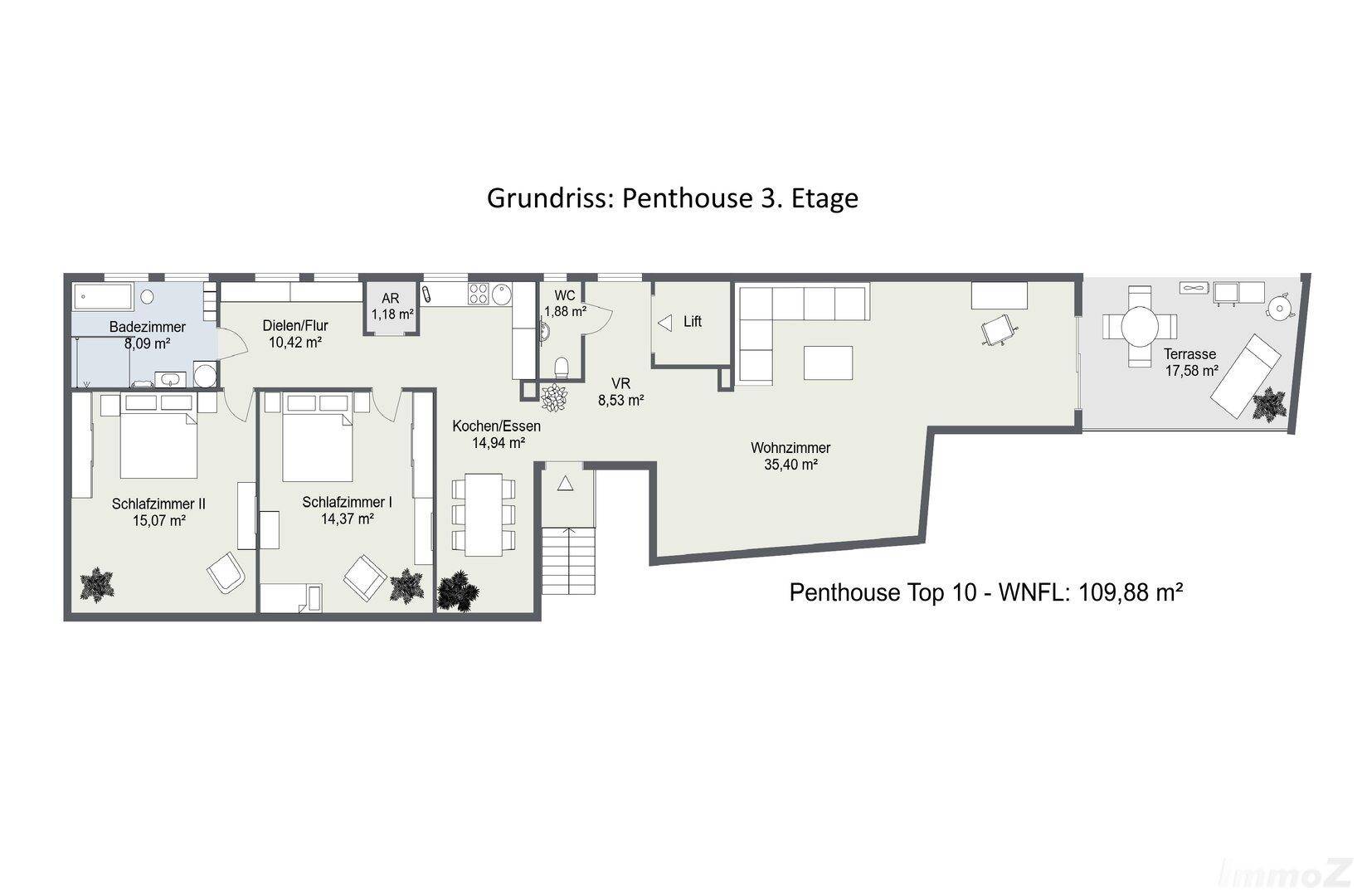 Grundriss des Penthouses im dritten Stock mit Wohnzimmer, Küche und Terrasse.