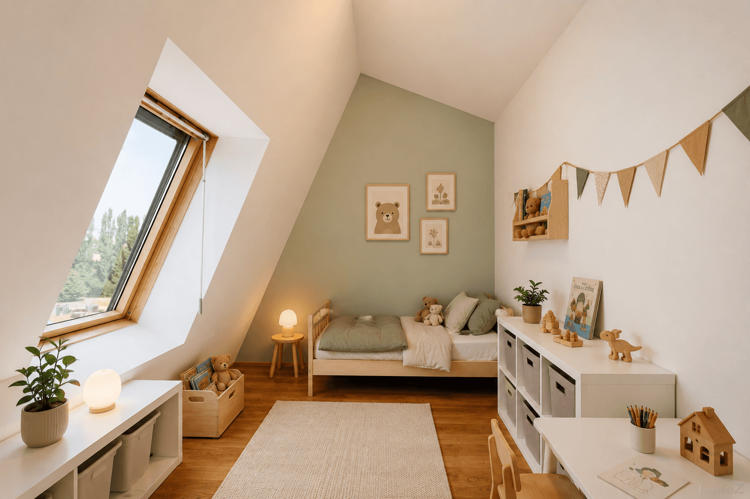 Freundliches Kinderzimmer im Dachgeschoss mit Holzboden, Dachfenster und moderner Dekoration.