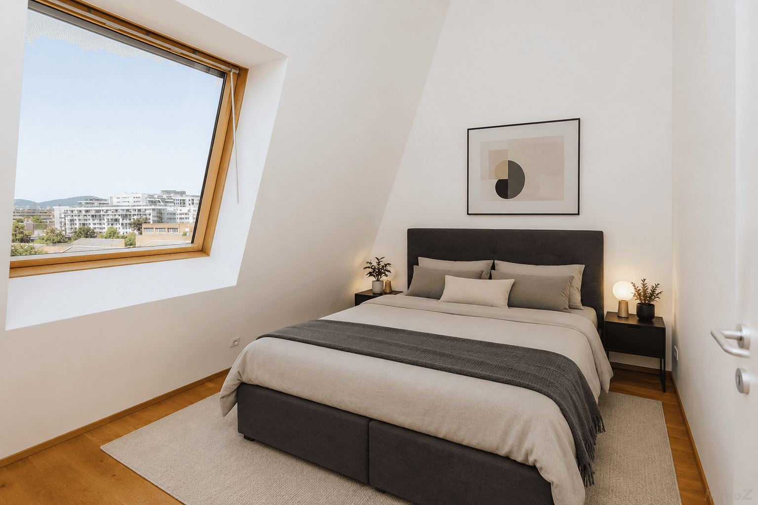Modern eingerichtetes Schlafzimmer im Dachgeschoss mit Holzboden, Dachfenster und Stadtblick.