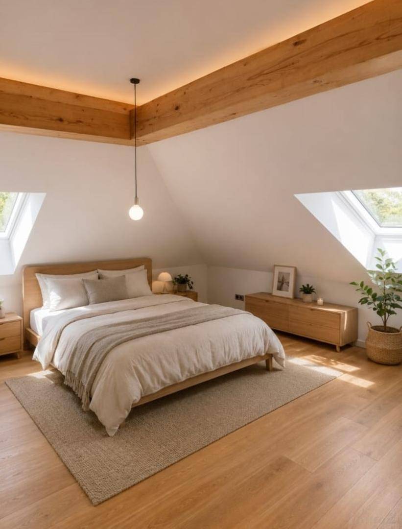 Gemütliches Schlafzimmer im Dachgeschoss mit Holzbalken, Doppelbett und viel Tageslicht durch Dachfenster.