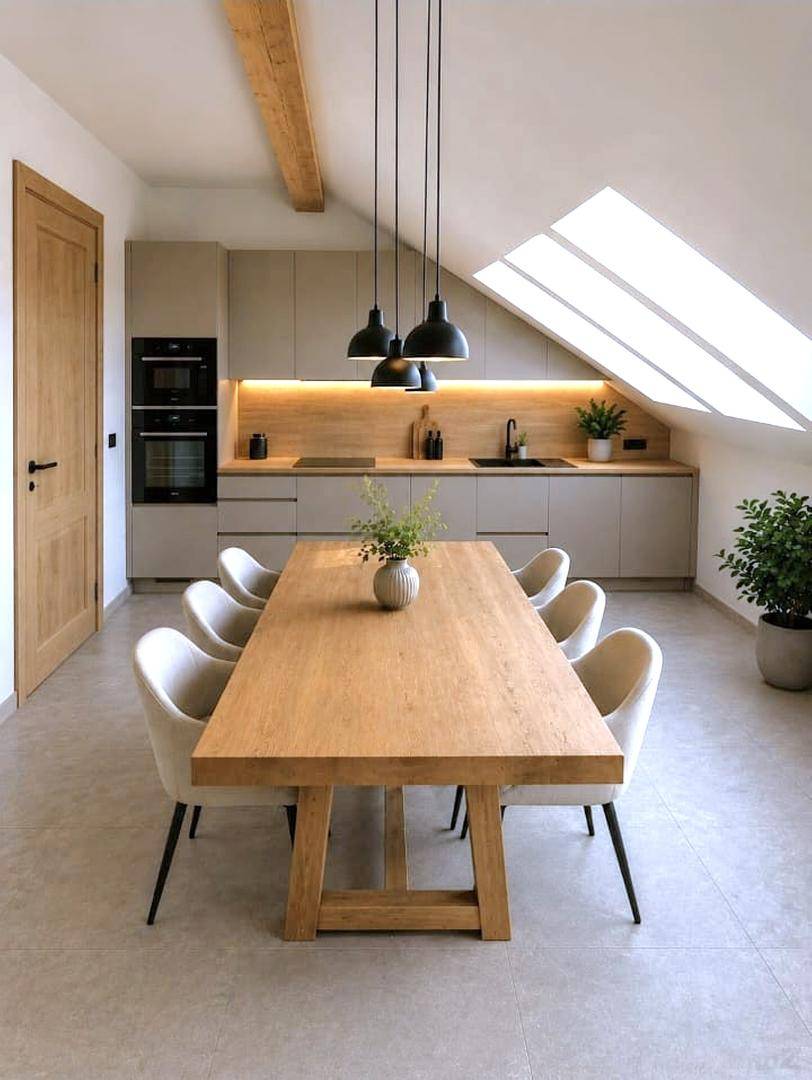 Moderne Küche mit Essbereich im Dachgeschoss, ausgestattet mit Holztisch, Einbaugeräten und Dachfenstern.