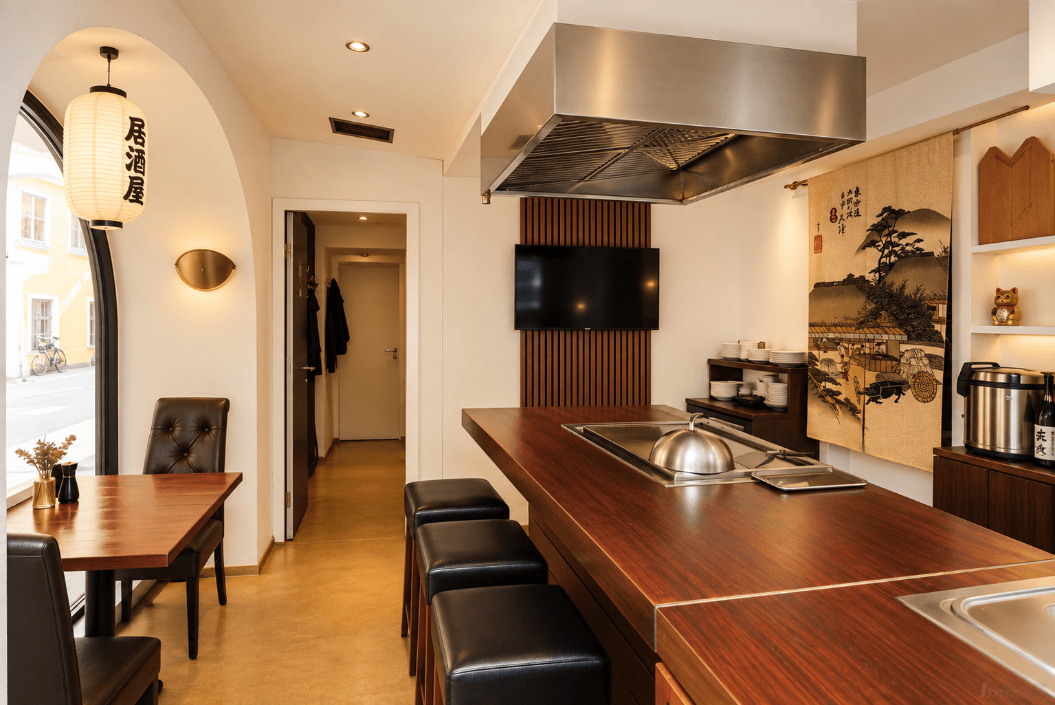 Restaurantbereich mit Holztischen, Barhockern und einem Fernseher an einer Holzlamellenwand.