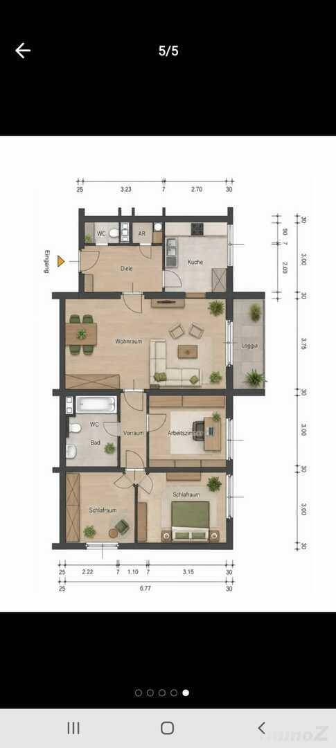 Detaillierter Grundriss mit offenem Wohn-Essbereich, separater Küche, Schlafzimmer, Büro und Loggia.