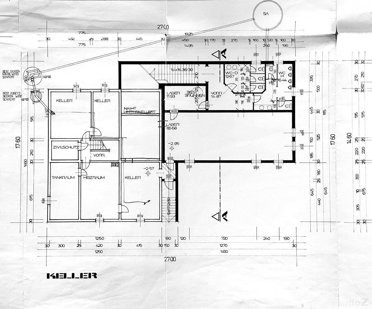 Grundriss des Kellers mit verschiedenen Kellerräumen, Tankraum, Heizraum und Lagerflächen.