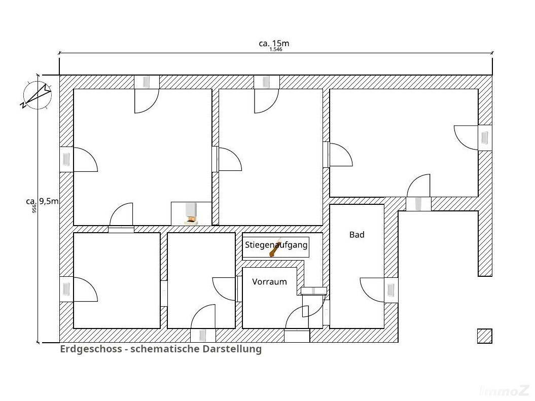 Schematischer Grundriss des Erdgeschosses mit mehreren Räumen, Bad und Vorraum.