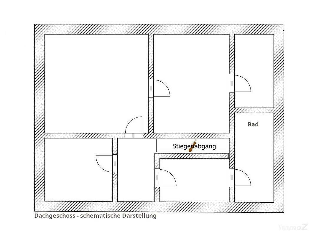Schematischer Grundriss des Dachgeschosses mit Schlafzimmern und einem Badezimmer.