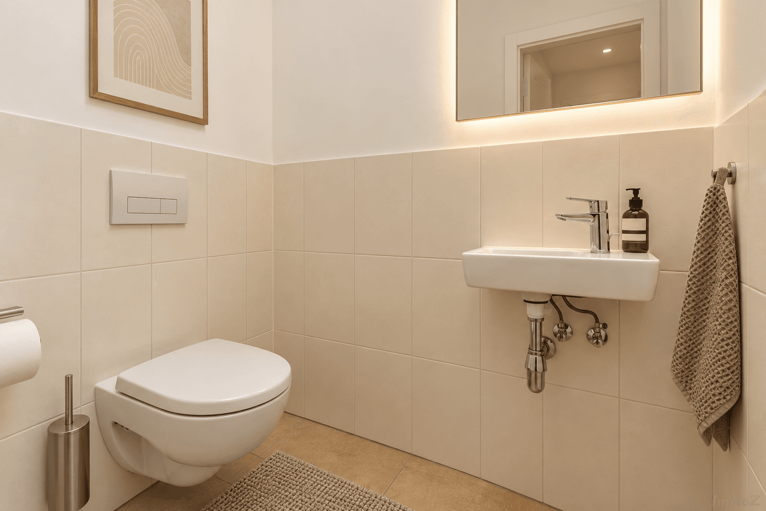 Modernes, warmes Gäste-WC mit Spiegelbeleuchtung