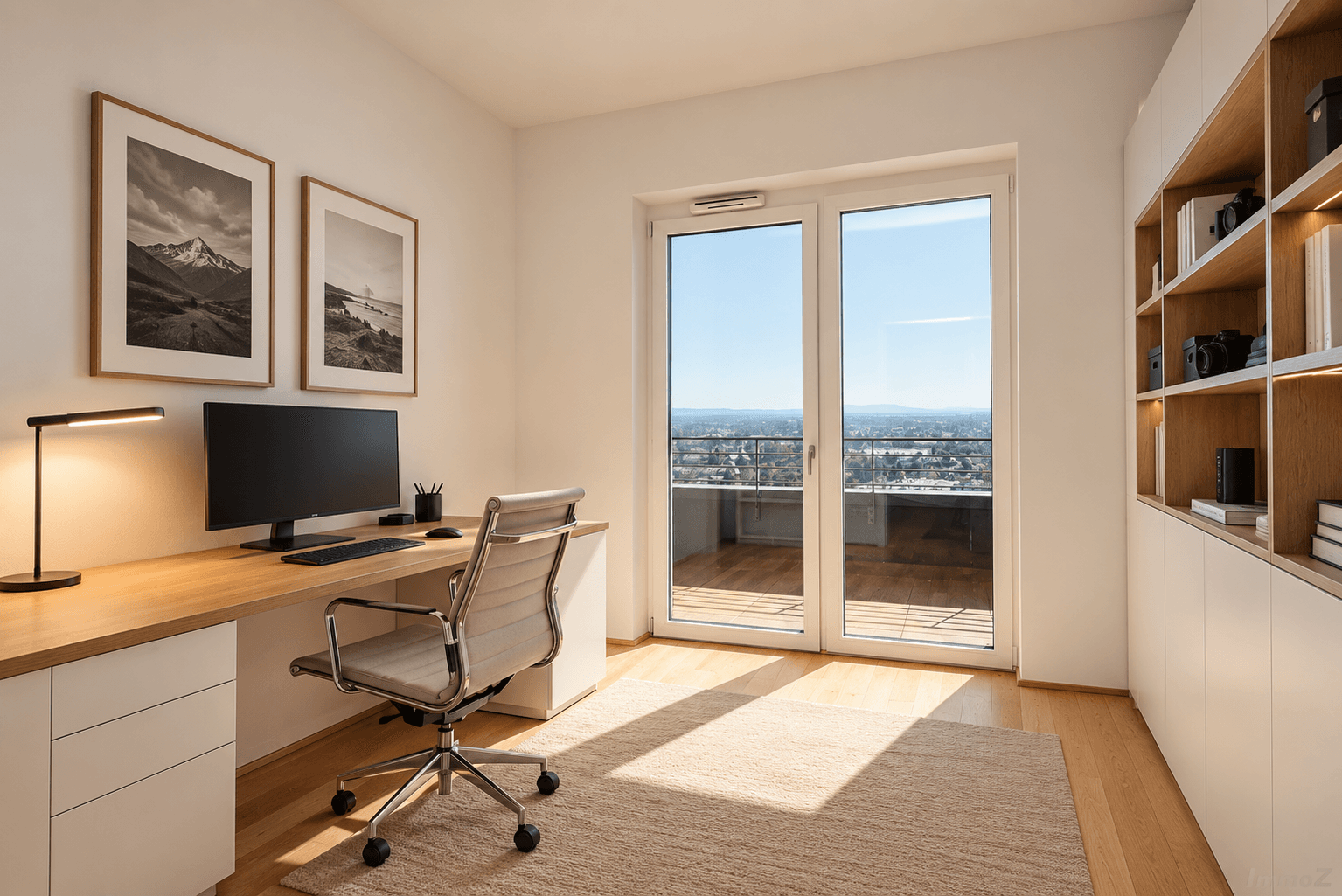Helles skandinavisches Homeoffice mit Stadtblick