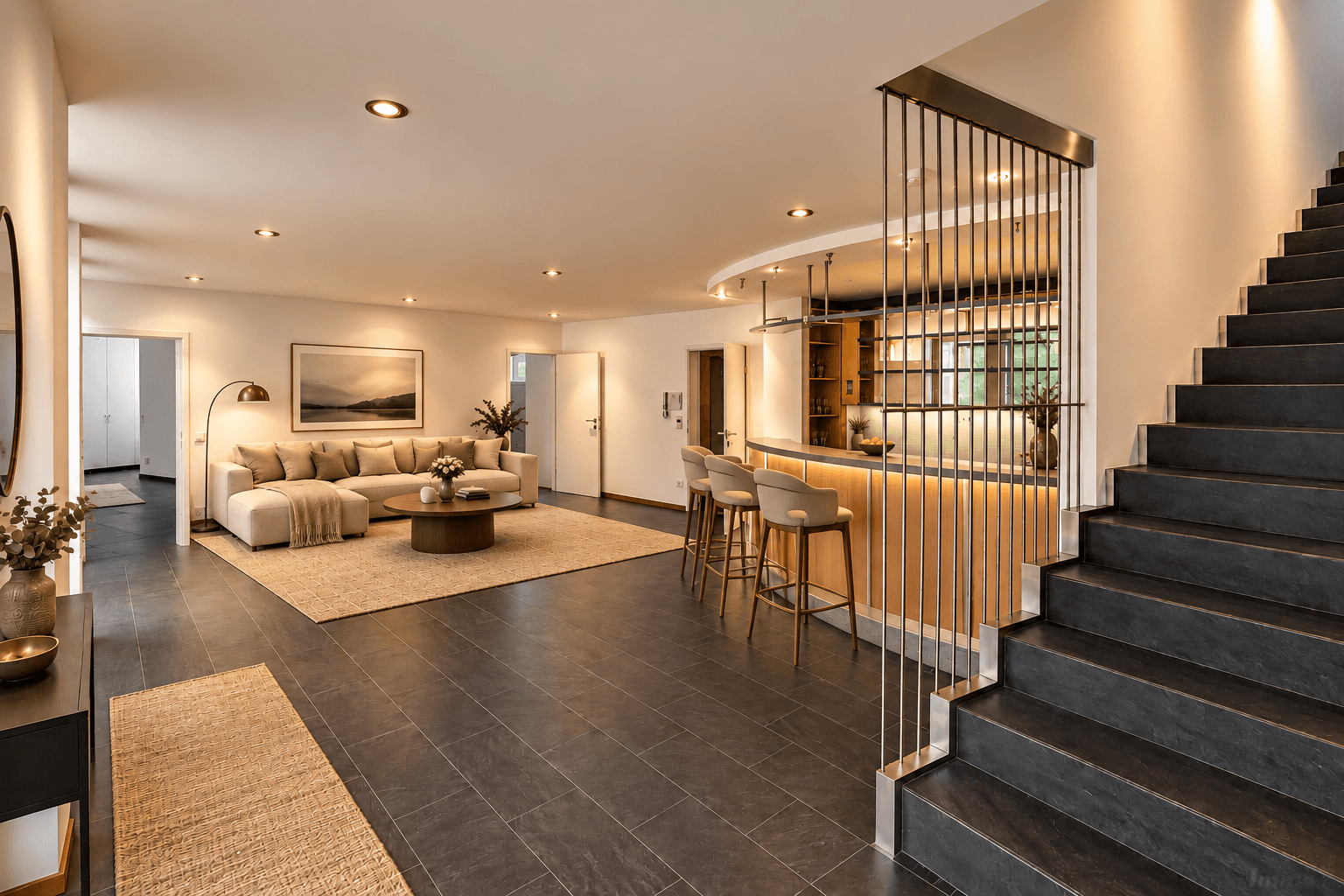Warmes minimalistisches Wohnzimmer mit Bar