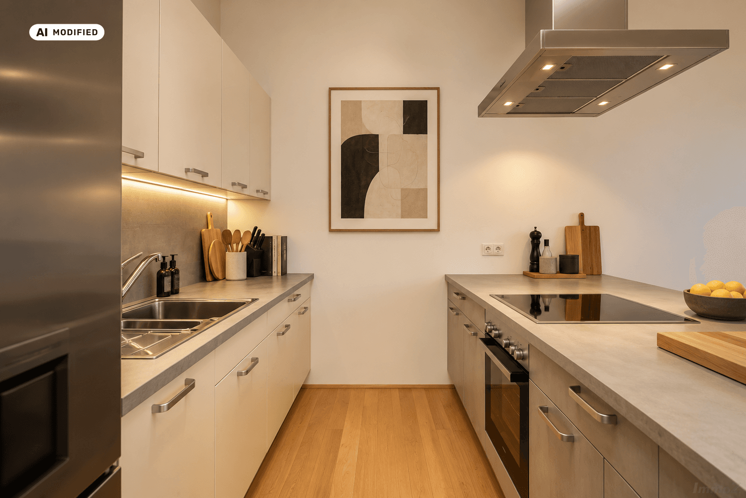 Funktionale, moderne Küche mit hellen Schränken, integrierten Geräten und Holzfußboden.