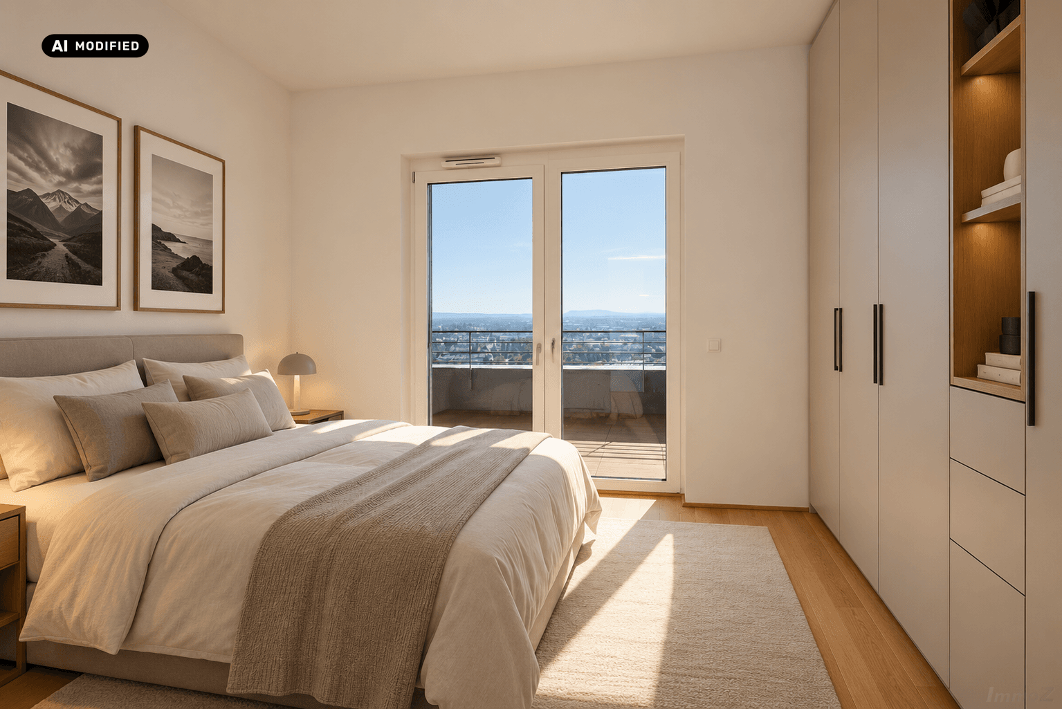 Helles Schlafzimmer mit Doppelbett, Einbauschränken und Zugang zu einem Balkon mit Weitblick.