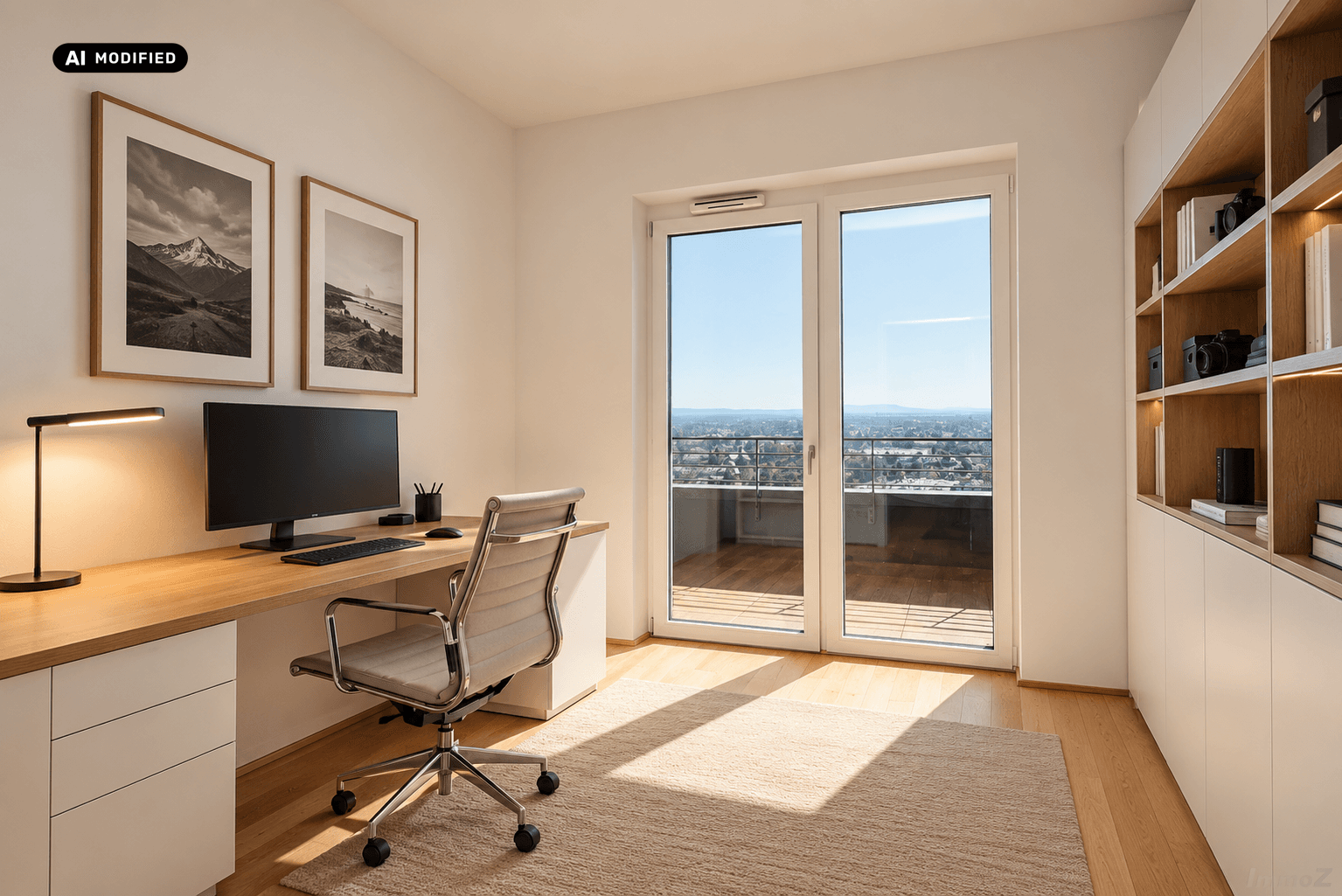 Modernes Arbeitszimmer mit Schreibtisch, Bücherregal und großem Fenster mit Weitblick.