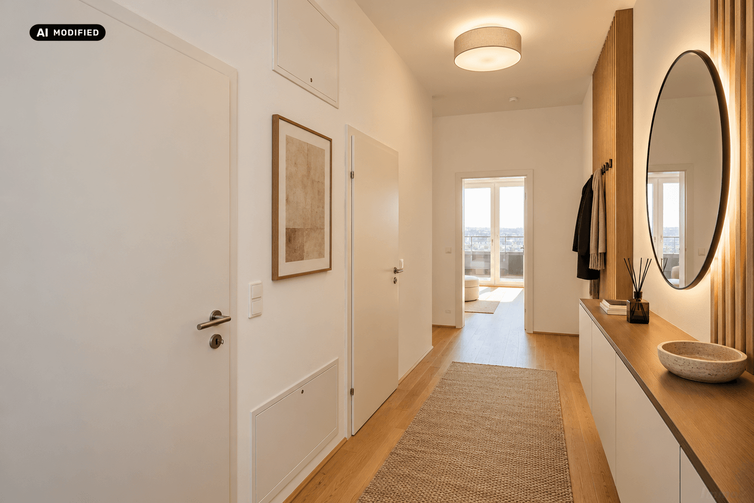 Heller Flur mit Holzboden, modernem Spiegel und Garderobe, der zu weiteren Räumen führt.