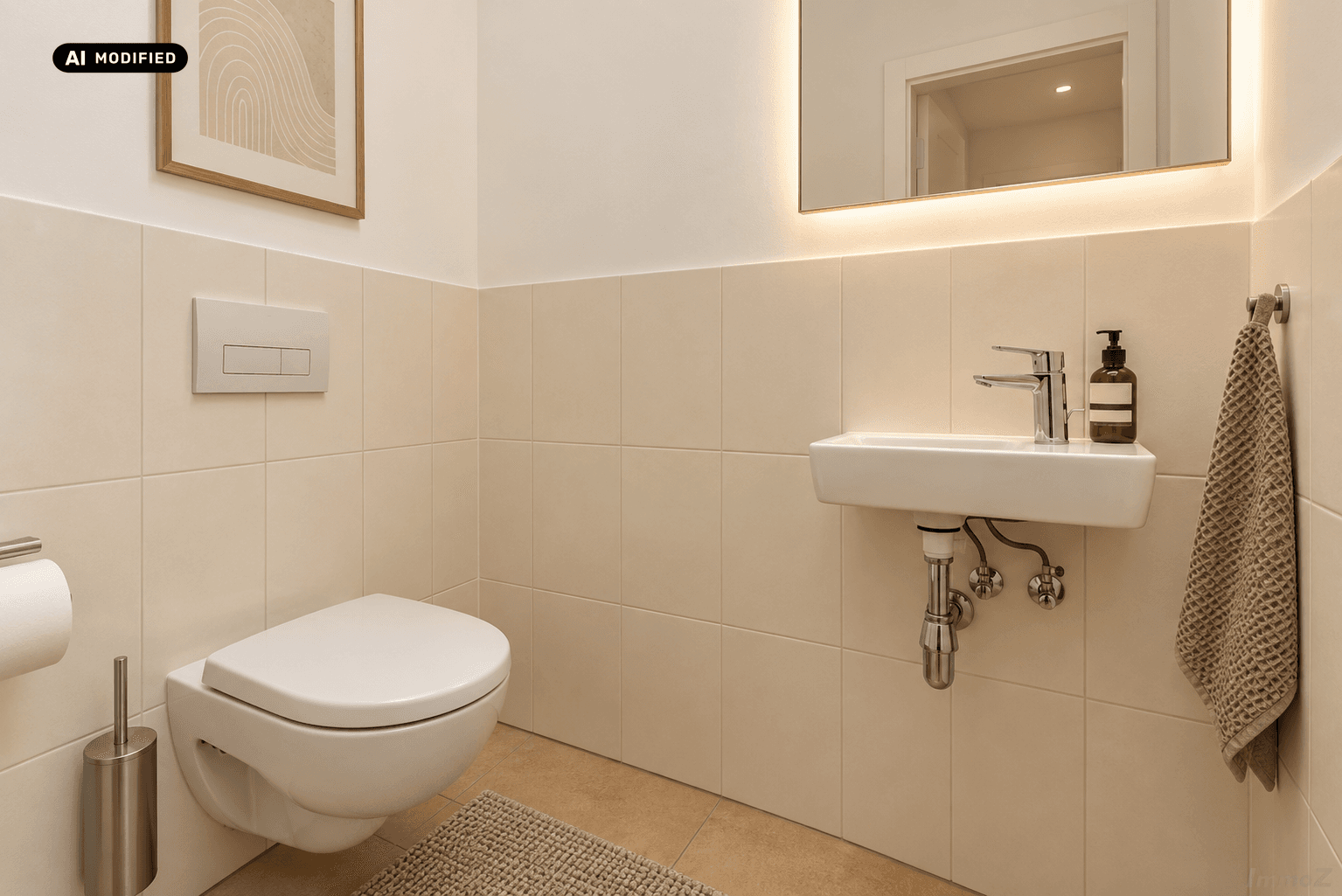 Modernes Gäste-WC mit Wand-WC, kleinem Waschbecken und hellen Fliesen.