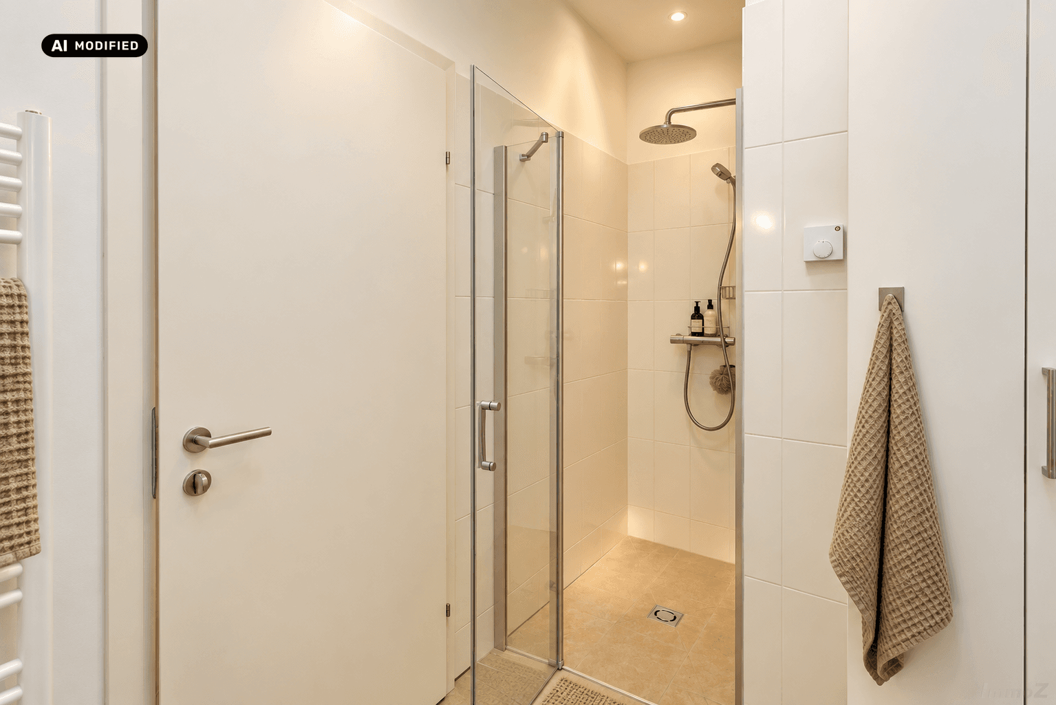 Helles Badezimmer mit ebenerdiger Dusche, Wand-WC und modernen Fliesen.